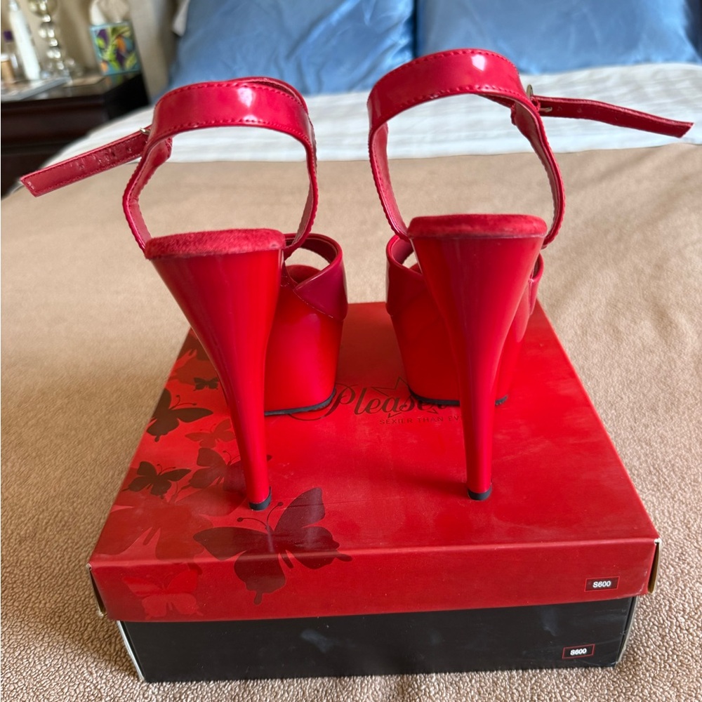 Like New Pleaser Red Platform Stilettos with Ankle Strap - Picture 6 of 6